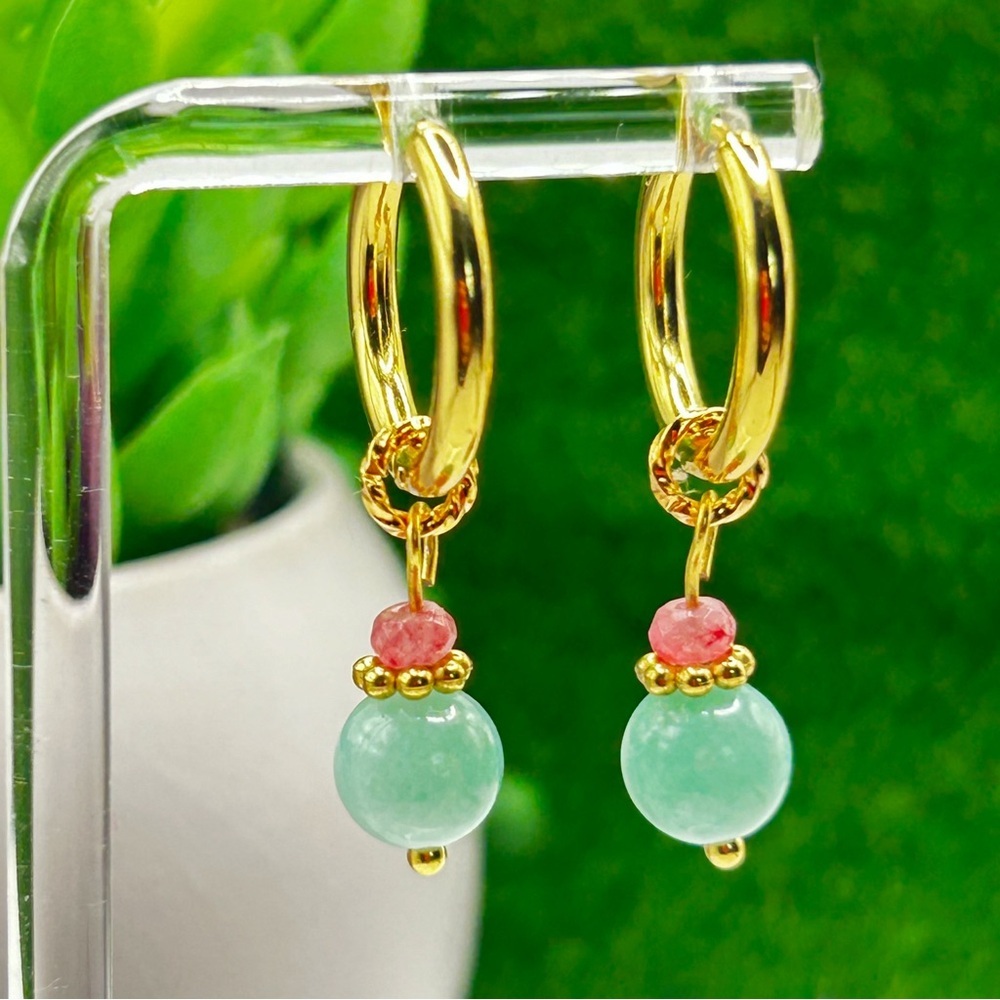 NWOT Genuine Amazonite and cherry quartz 18k gold plated stainless steel hoops